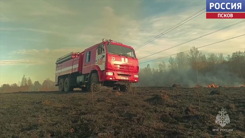 Вторые сутки псковские пожарные тушат горящие поля